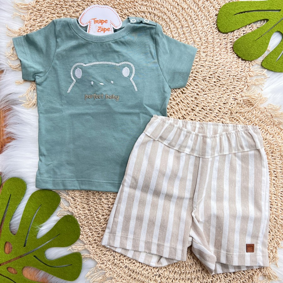 Conj. Perfect Baby e Bermuda em Linho Listrado - Verde